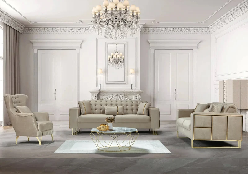Canapé Turc Capitonné Velours Beige Design Métal Doré – RIBELLA