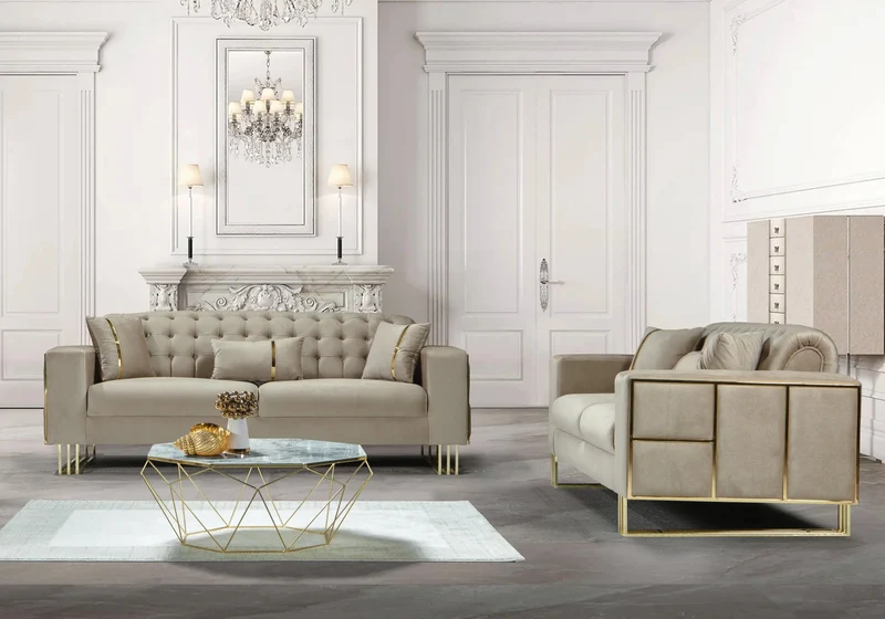 Canapé Turc Capitonné Velours Beige Design Métal Doré – RIBELLA
