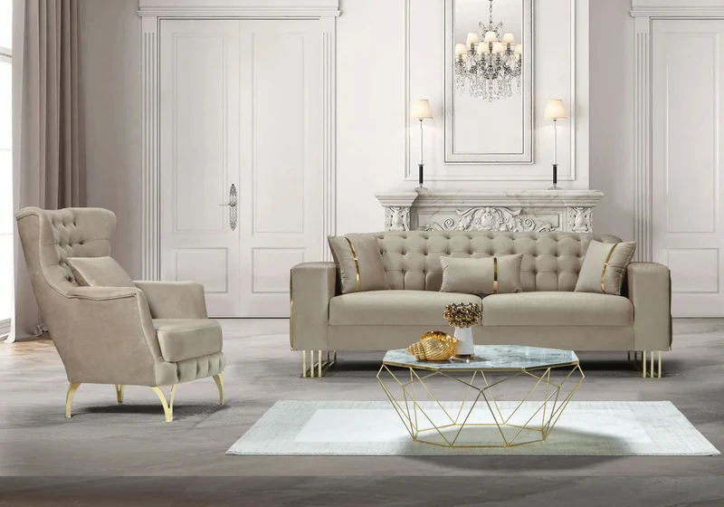 Canapé Turc Capitonné Velours Beige Design Métal Doré – RIBELLA