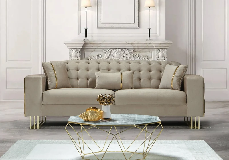 Canapé Turc Capitonné Velours Beige Design Métal Doré – RIBELLA