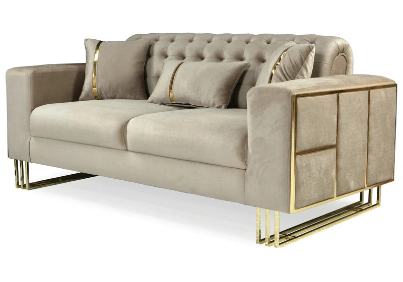Canapé Turc Capitonné Velours Beige Design Métal Doré – RIBELLA