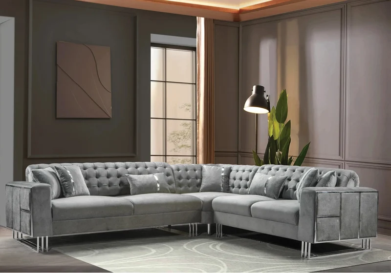 Canapé Turc Capitonné Velours Gris Design Métal Argent – RIBELLA