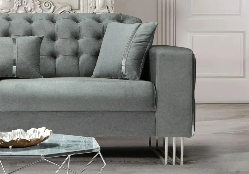 Canapé Turc Capitonné Velours Gris Design Métal Argent – RIBELLA