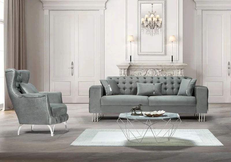 Canapé Turc Capitonné Velours Gris Design Métal Argent – RIBELLA