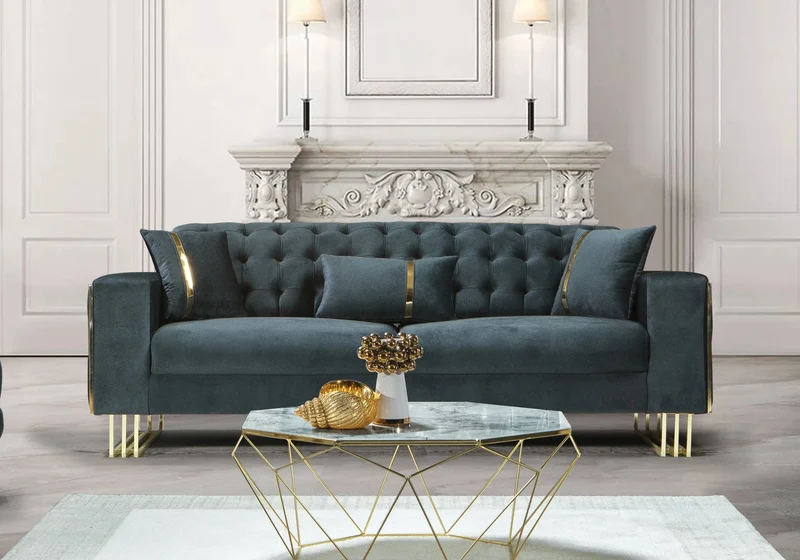 Canapé Turc Capitonné Velours Anthracite Design Métal Doré – RIBELLA
