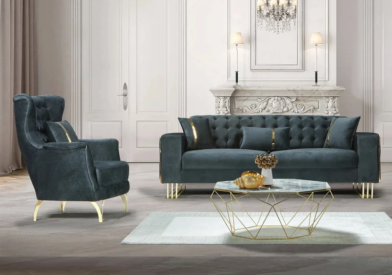Canapé Turc Capitonné Velours Anthracite Design Métal Doré – RIBELLA