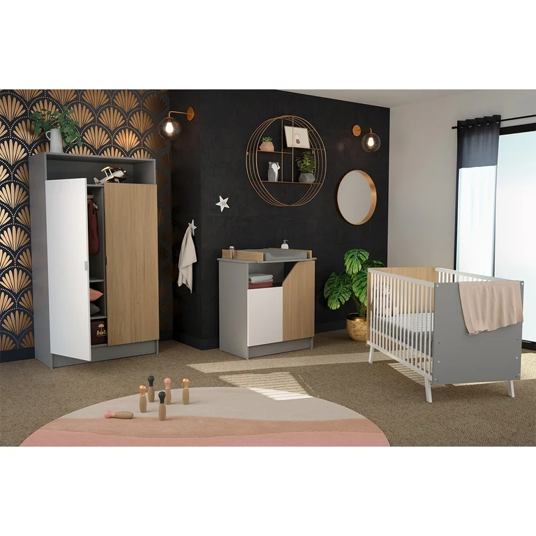 Lit bébé 60x120 AT4 Carnaval Gris blanc et bois