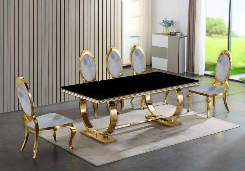 Table verre noir et 4 chaises médaillon doré – Bobo