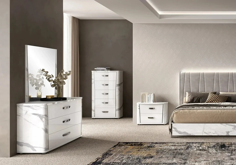 Commode 3 tiroirs blanc laqué et décor marbre - Anna