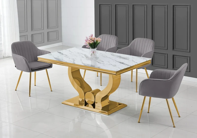 Ensemble table marbre blanc et chaises dorés – Omega