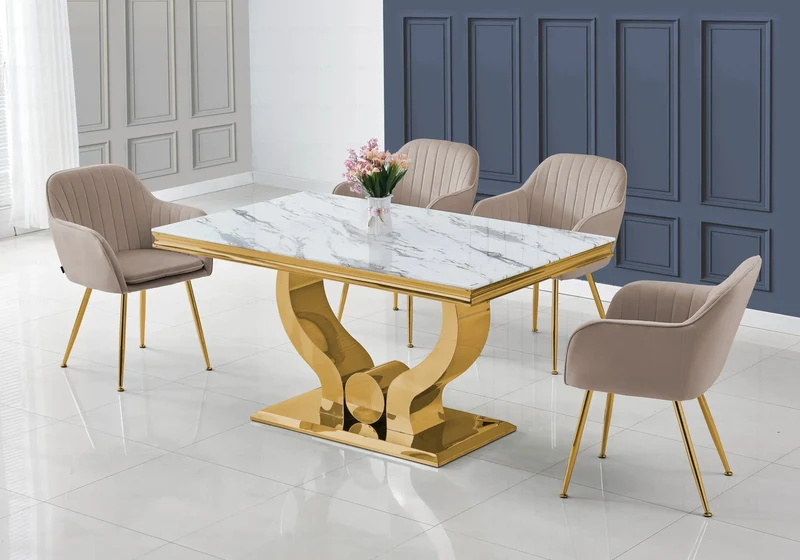 Ensemble table marbre blanc et chaises dorés – Omega