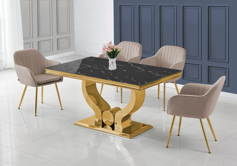 Ensemble table marbre noir et chaises dorés – Omega