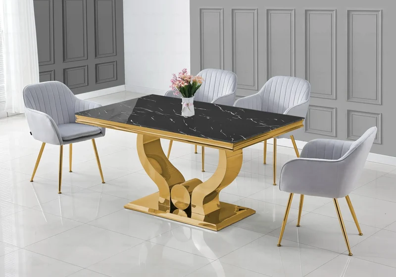 Ensemble table marbre noir et chaises dorés – Omega