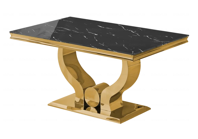 Ensemble table marbre noir et chaises dorés – Omega