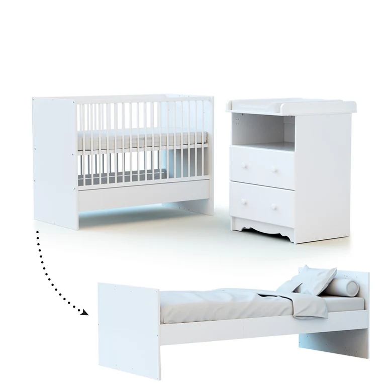 Lit évolutif 60x120 en 90x190 et commode à langer AT4 Marelle Blanc