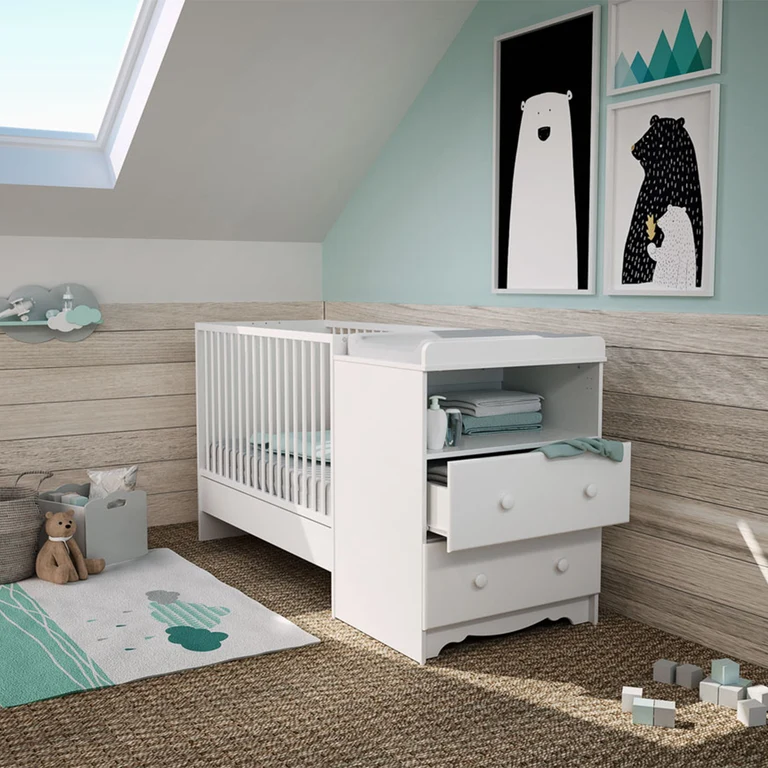 Lit évolutif 60x120 en 90x190 et commode à langer AT4 Marelle Blanc