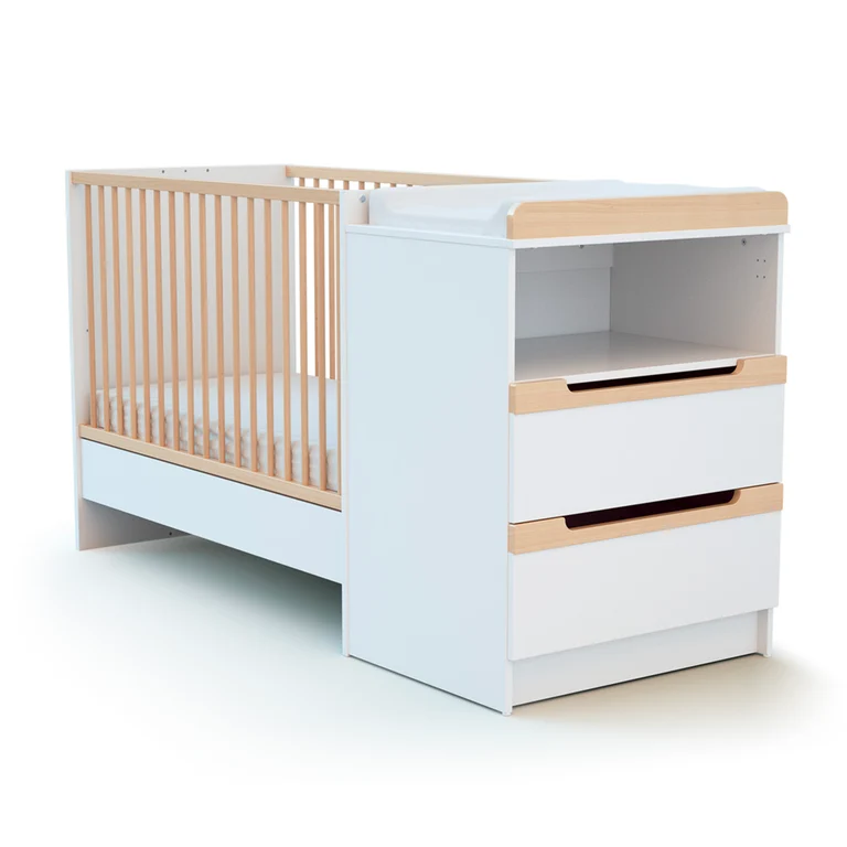 Lit évolutif 60x120 en 90x190 et commode à langer AT4 Carrousel Blanc et hêtre