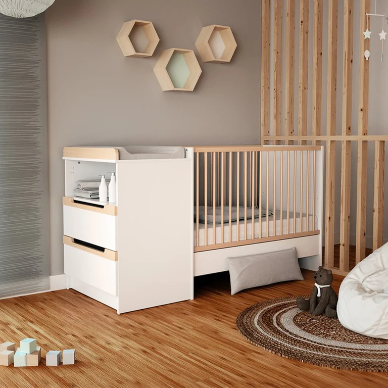 Lit évolutif 60x120 en 90x190 et commode à langer AT4 Carrousel Blanc et hêtre