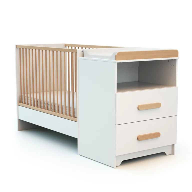 Lit évolutif 60x120 en 90x190 et commode à langer AT4 Gavroche Blanc et hêtre