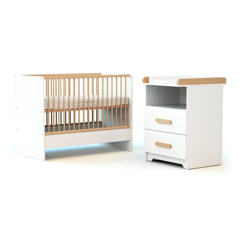 Lit évolutif 60x120 en 90x190 et commode à langer AT4 Gavroche Blanc et hêtre