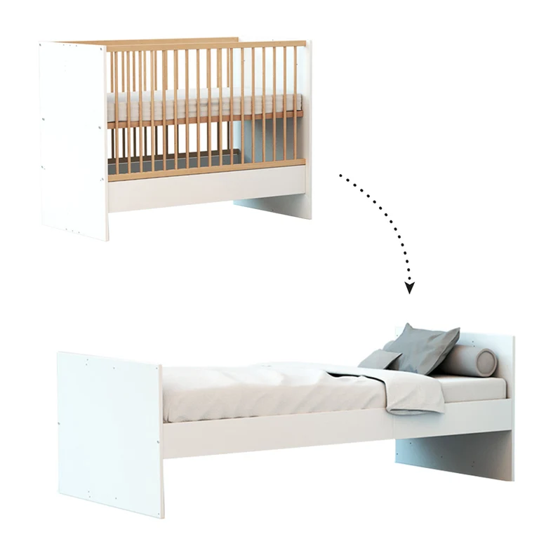 Lit évolutif 60x120 en 90x190 et commode à langer AT4 Gavroche Blanc et hêtre
