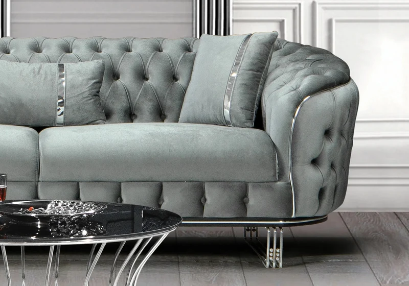 Canapé Turc Angle Capitonné Velours Gris Doré Chesterfield – PARIS