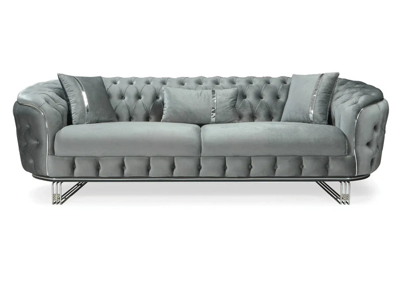 Canapé Turc Angle Capitonné Velours Gris Doré Chesterfield – PARIS