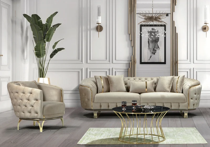 Canapé Turc capitonné velours beige et doré – Paris