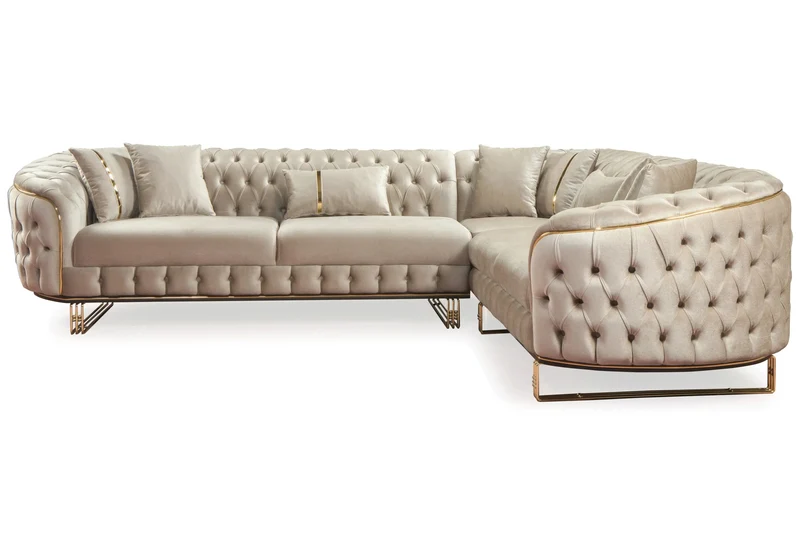 Canapé Turc Angle Capitonné Velours Beige Doré Chesterfield – PARIS