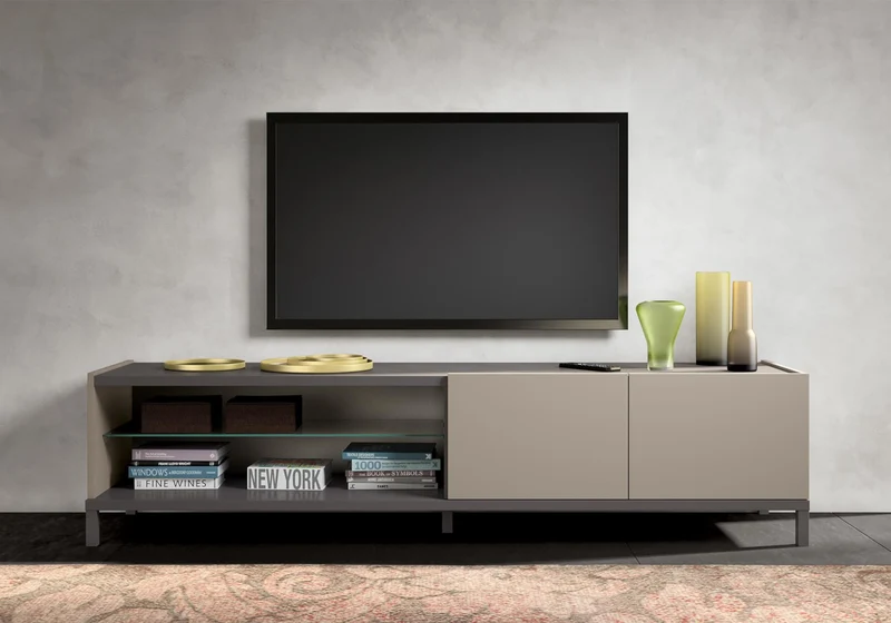 Meuble TV 4 portes effet marbre pieds métal - Kali