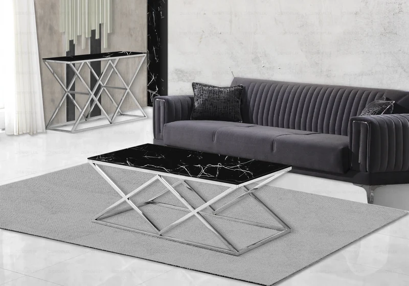 Table basse effet marbre noir et pied argent - Erly