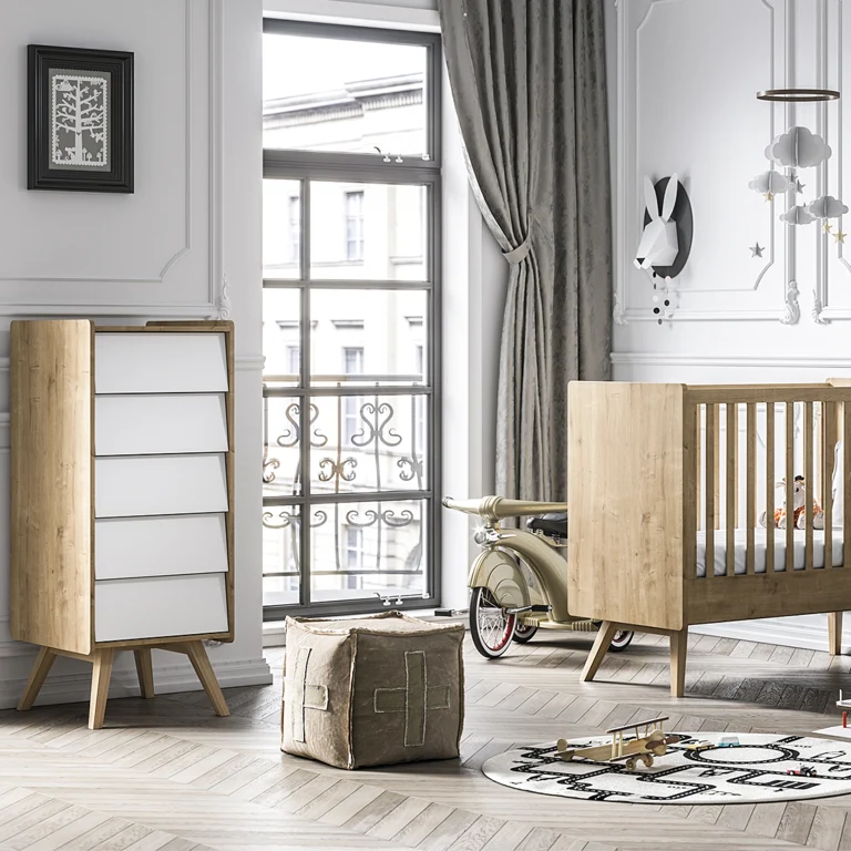 Lit bébé et Chiffonnier Vox Vintage Bois Blanc