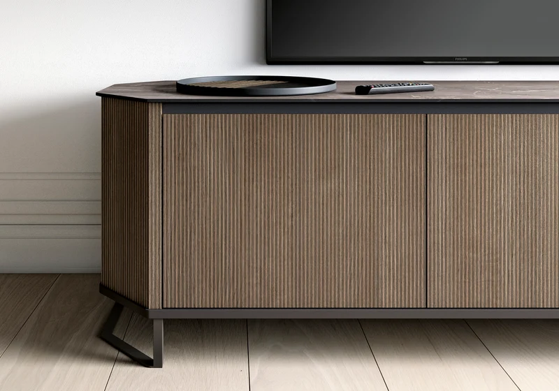 Meuble tv banc bois miel rainure - Hexagon