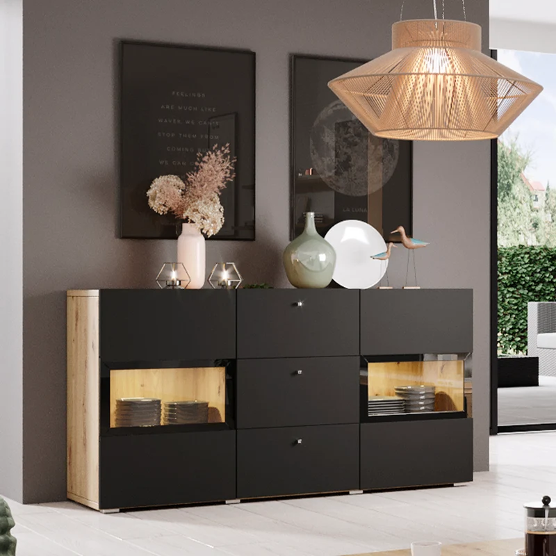 Buffet 2 portes 3 tiroirs avec LED Sloan Noir et Bois