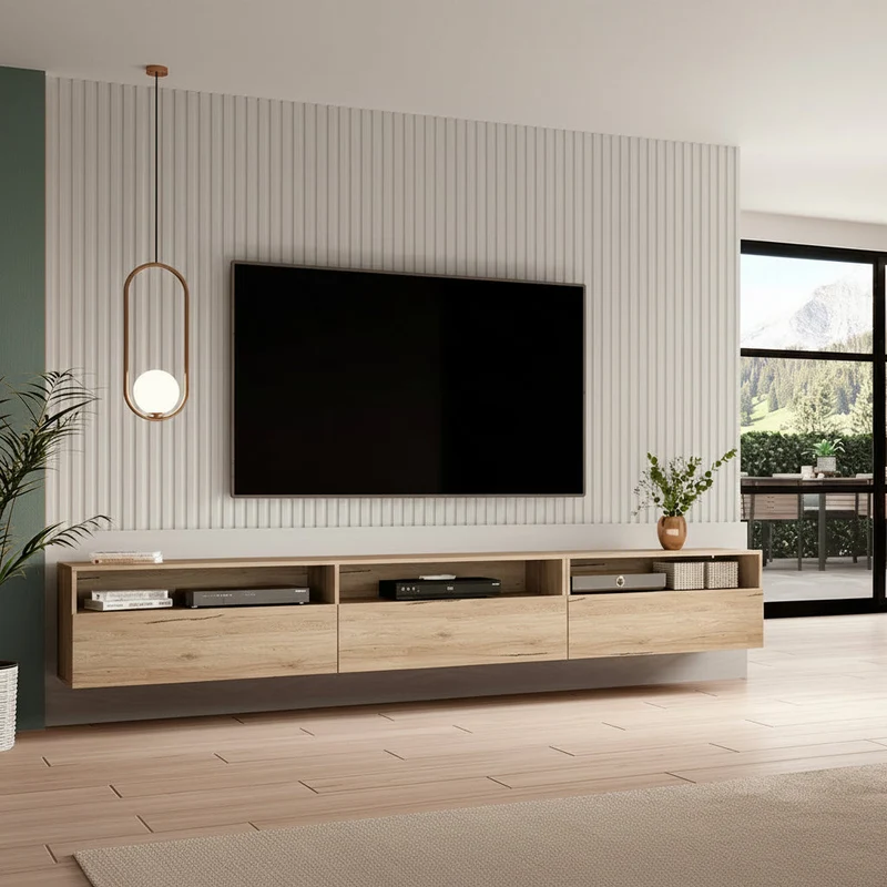 Meuble TV sur pied ou mural 1 tiroir 270 cm Sloan Bois