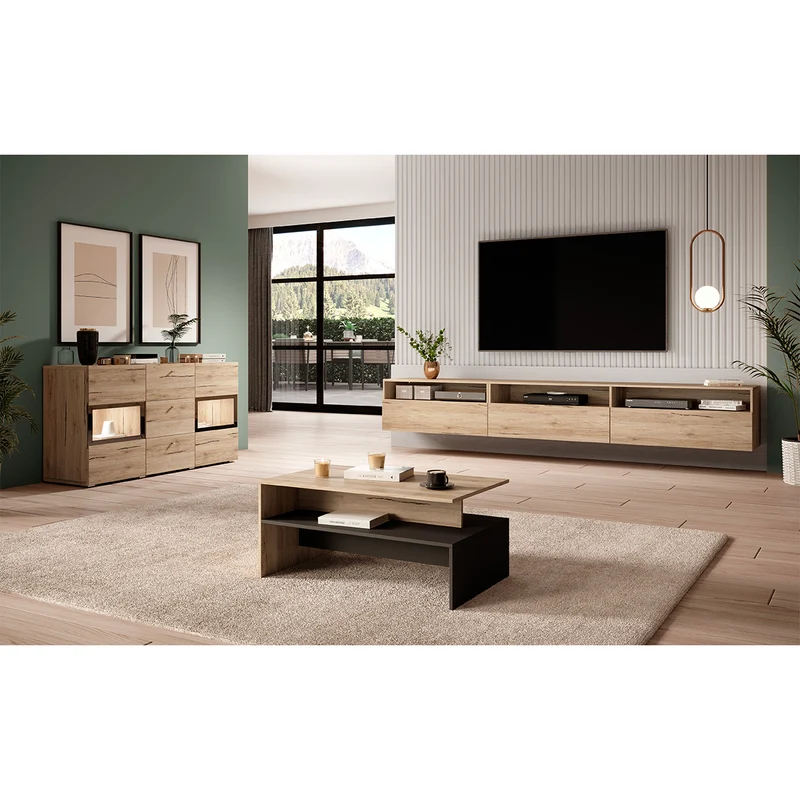 Meuble TV sur pied ou mural 1 tiroir 270 cm Sloan Bois