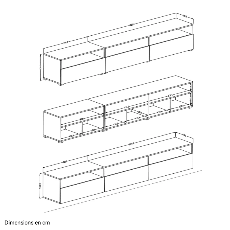 Meuble TV sur pied ou mural 1 tiroir 270 cm Sloan Bois