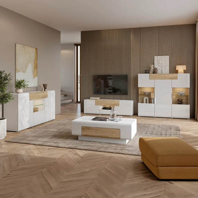 Buffet haut 3 portes 1 tiroir avec LED Jules Blanc et Bois