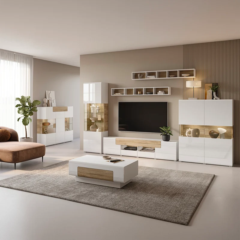 Buffet haut 3 portes 1 tiroir avec LED Jules Blanc et Bois