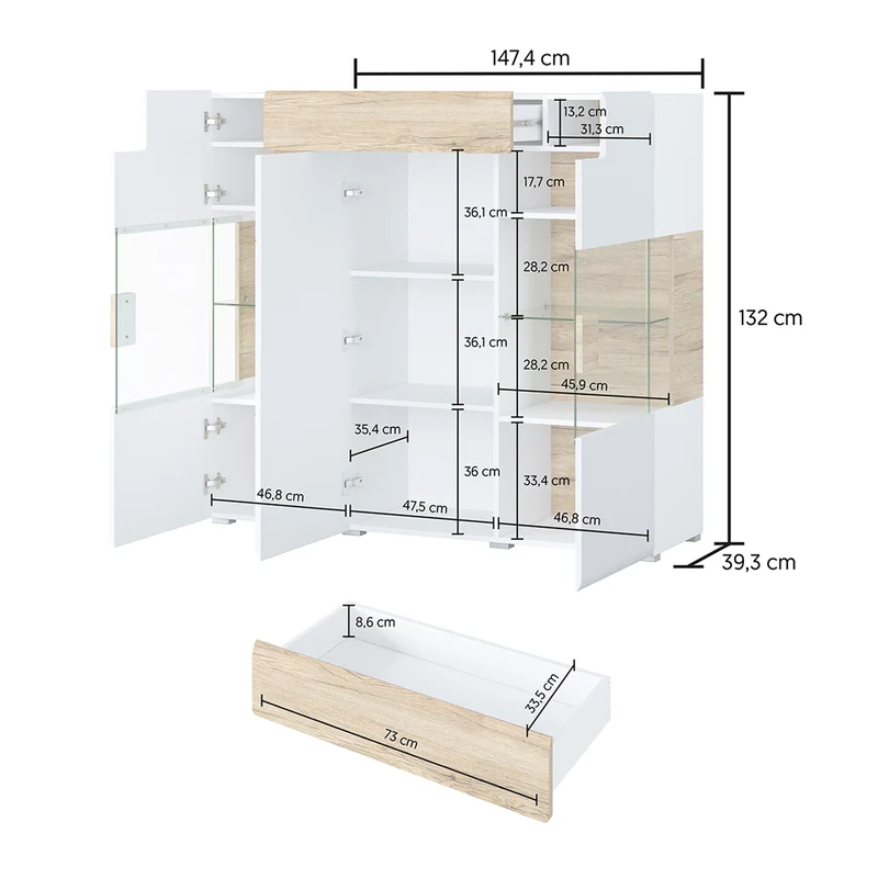 Buffet haut 3 portes 1 tiroir avec LED Jules Gris et Bois