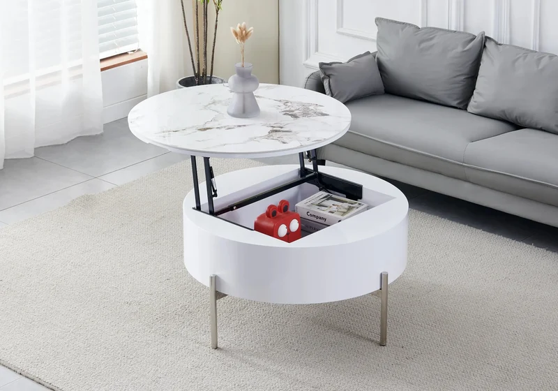 Table basse ronde chromée céramique marbre beige - Vega