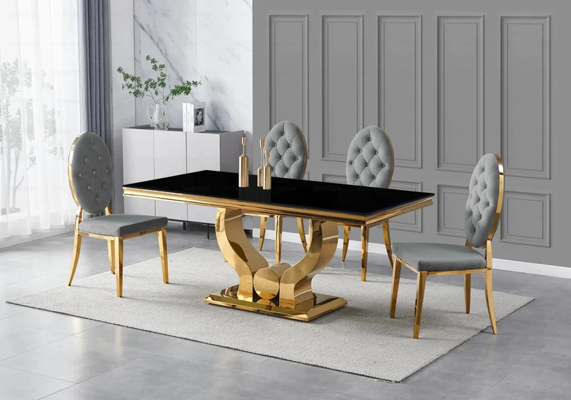 Table verre noir et 4 chaises capitonnées doré – Omega