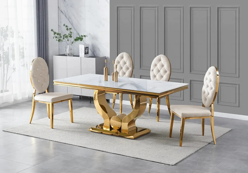 Table marbre blanc et 4 chaises capitonnées doré – Omega
