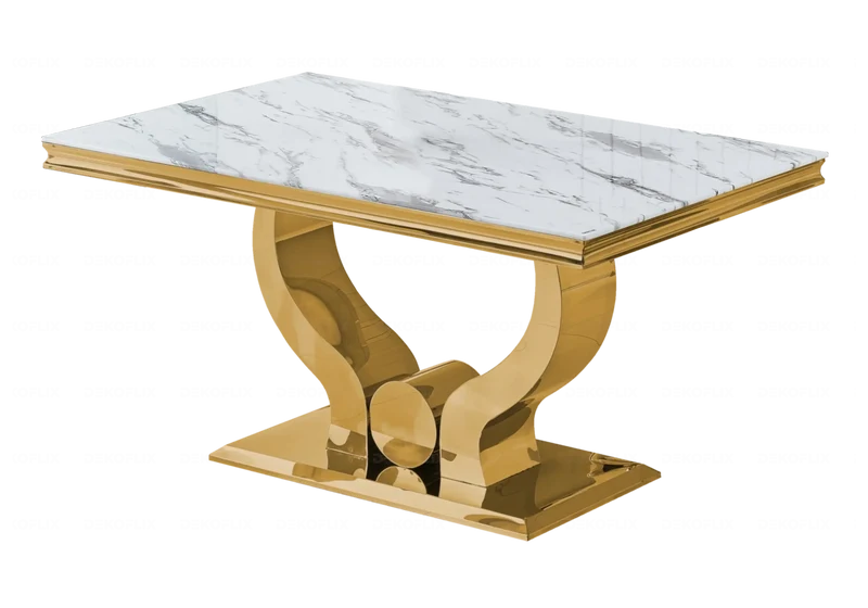 Table marbre blanc et 4 chaises capitonnées doré – Omega
