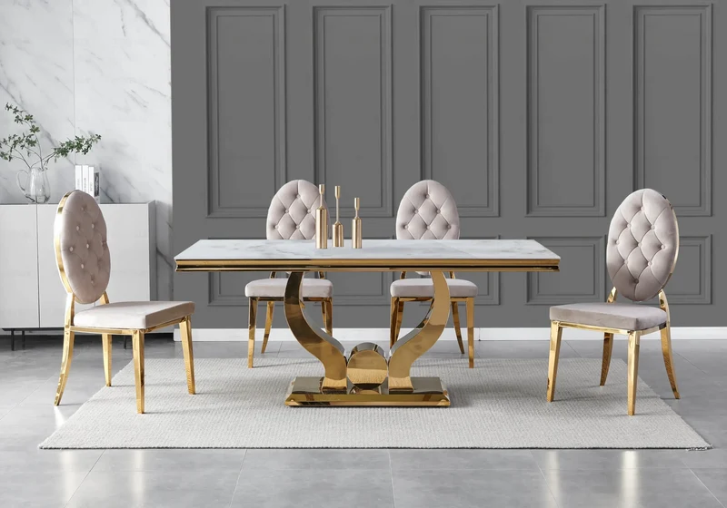 Table marbre beige et 4 chaises capitonnées doré – Omega