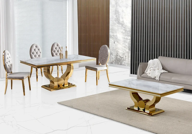 Table marbre beige et 4 chaises capitonnées doré – Omega