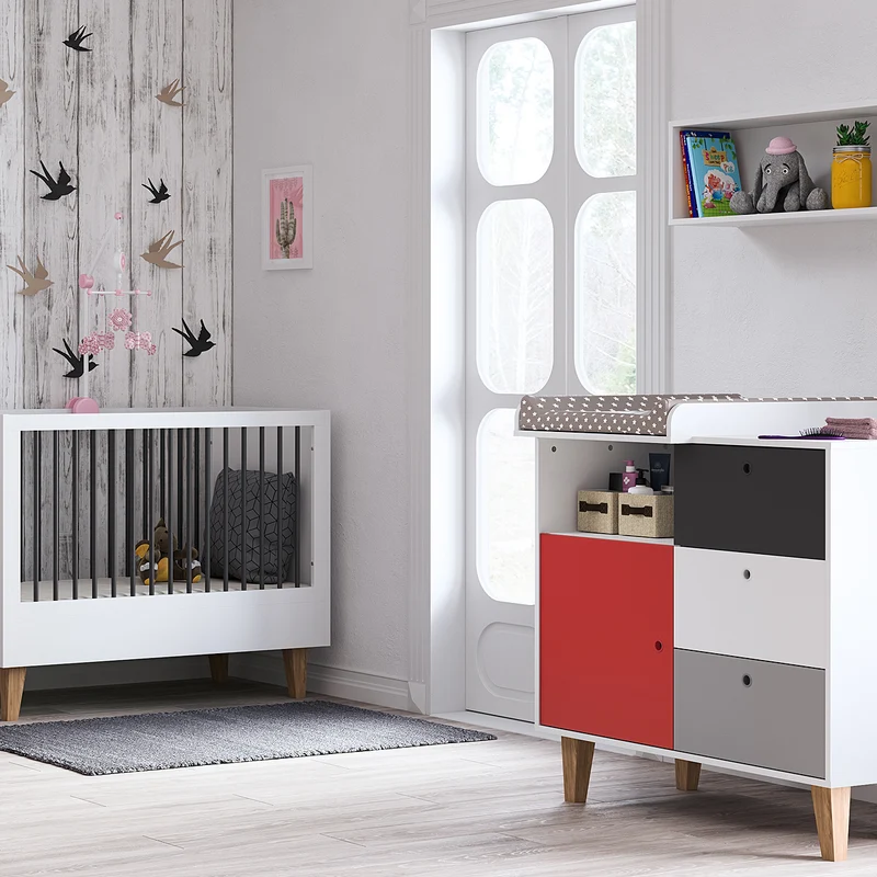 Lit bébé évolutif et Commode à langer Vox Concept Rouge