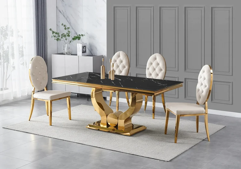 Table marbre noir et 4 chaises capitonnées doré – Omega
