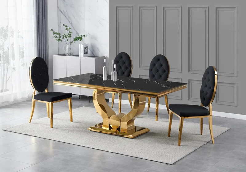Table marbre noir et 4 chaises capitonnées doré – Omega