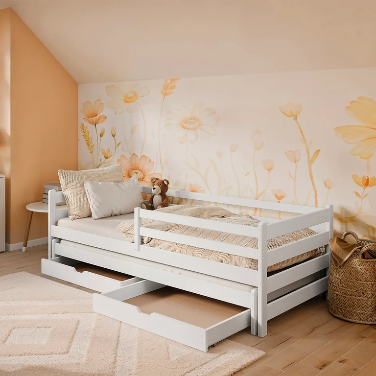 Lit 90x200 sommier lit gigogne et tiroirs inclus Abi Blanc